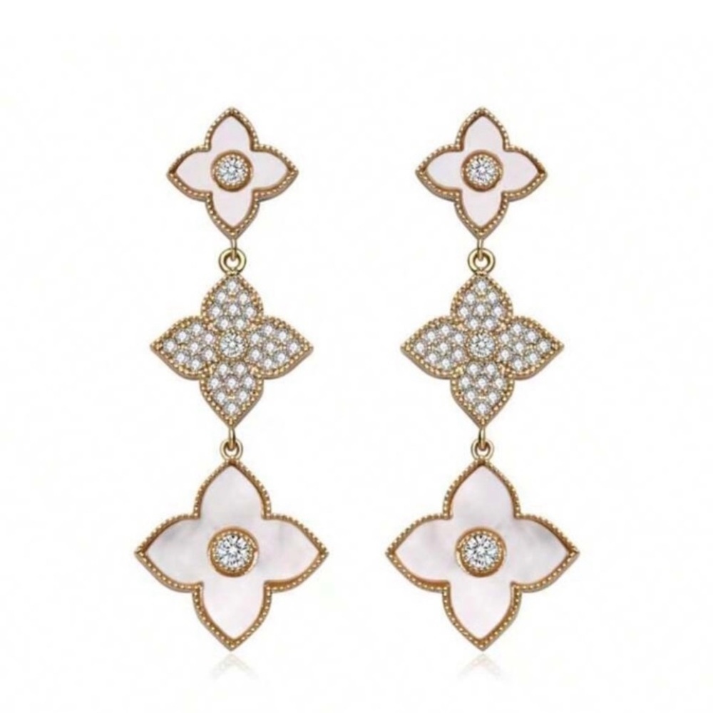 18K Gold Plated Crystal Mother of Pearl Clover Bracelet & Earrings Set NEW - Picture 4 of 6